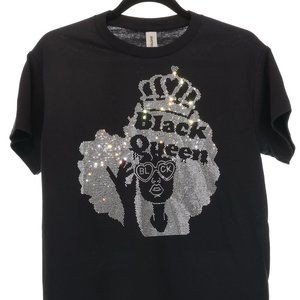 High Quality Black Queen VIP Rhinestone Bling Bling Short Sleeve T-shirt